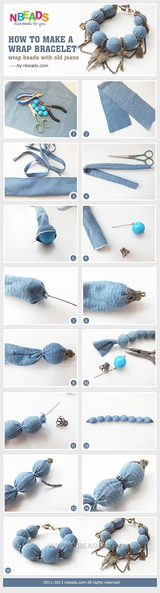 how to make a wrap bracelet - wrap beads with old jeans