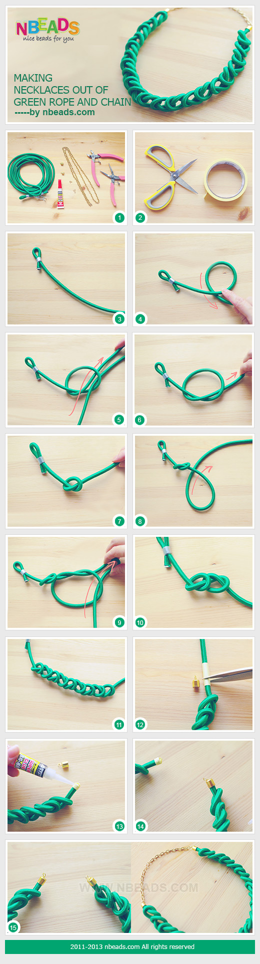 making necklaces out of green rope and chain